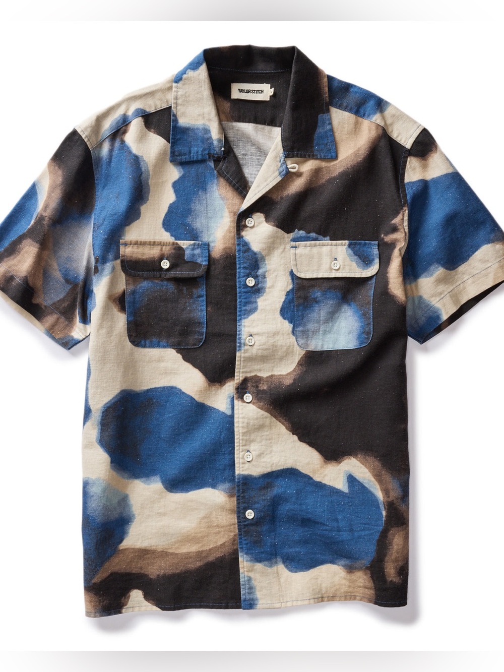 Taylor Stitch Short Sleeve Carter Shirt Dark Navy Abstract Linen Cotton Large 42